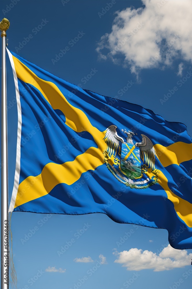 Poster a flag flying in the wind with a blue sky in the background and clouds in the background. generative