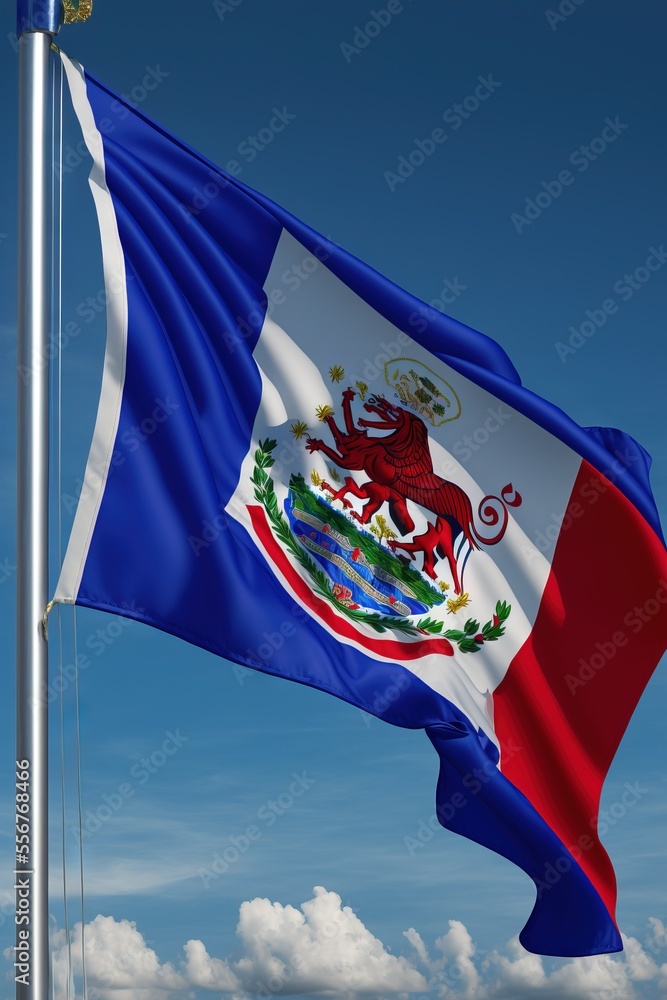 Poster a flag flying in the wind with a blue sky in the background and clouds in the background. generative