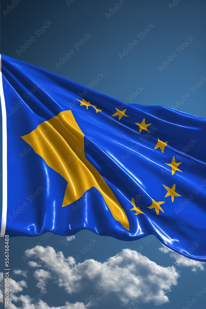 Poster a flag flying in the wind with a blue sky in the background with clouds in the foreground and a blue