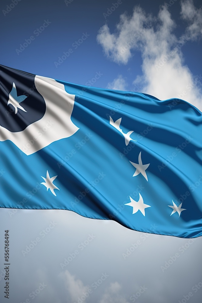 Poster a flag flying in the wind with a blue sky in the background with white stars on it and a white star 