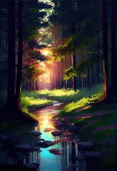 Beautiful Anime Sunset Scenery Forest. AI generated art illustration.	