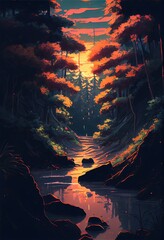 Fototapeta premium Beautiful Anime Sunset Scenery Forest. AI generated art illustration.