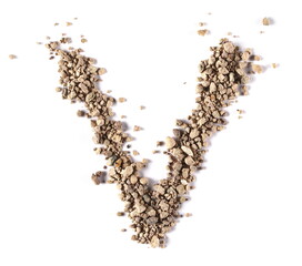 Clods of dry dirt, alphabet letter V, soil isolated on white, clipping path