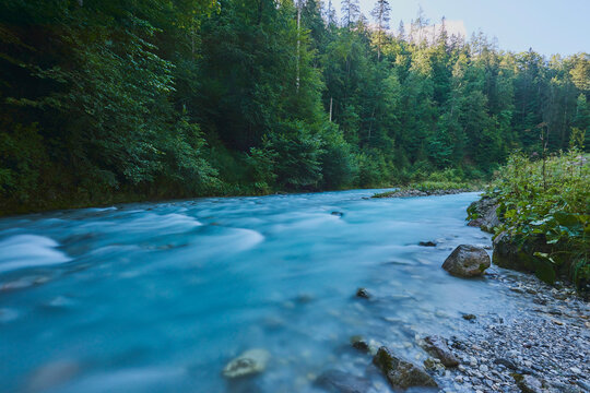 Flowing River Ramsauer Arche with turquoise water,  Berchtesgadener Land, Berchtesgaden National Park; Ramsau, Bavaria, Germany