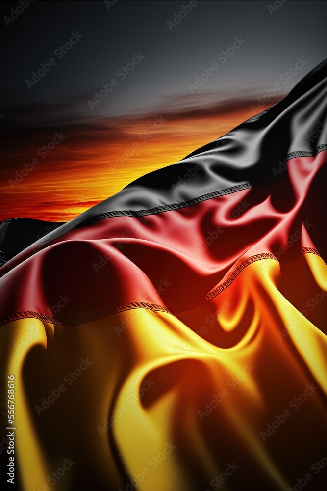 Poster a flag with a red and black stripe flying in the wind with a sunset in the background and a black an