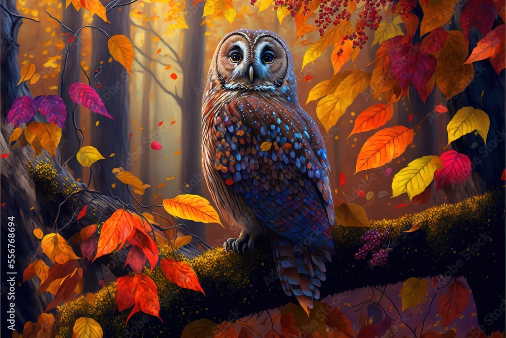 Poster a painting of an owl sitting on a branch in a forest with fall leaves and trees in the background. g