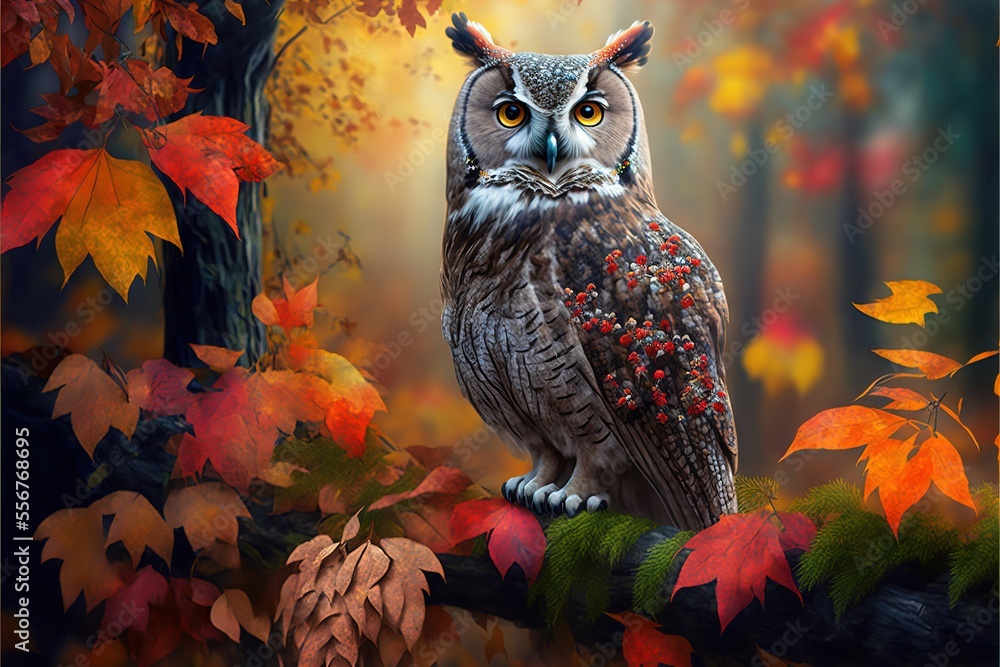 Poster a painting of an owl sitting on a branch in a forest with fall leaves and a tree with red and yellow