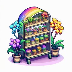 a shelf with potted plants and a rainbow in the background illustration by alex krawcskik. Generative AI - obrazy, fototapety, plakaty