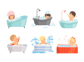 Naklejka premium Cute kids taking bath set. Happy boys and girls sitting in bathtub with soap bubbles cartoon vector illustration