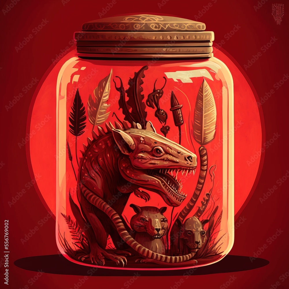 Poster a jar with a picture of a dragon and a cat inside of it on a red background with a shadow. generativ
