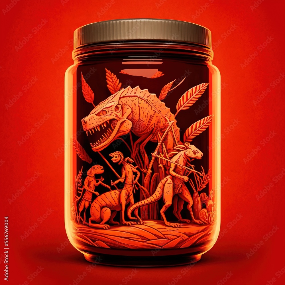 Poster a jar with a dinosaur scene painted on it and a red background with a red background and a red backg