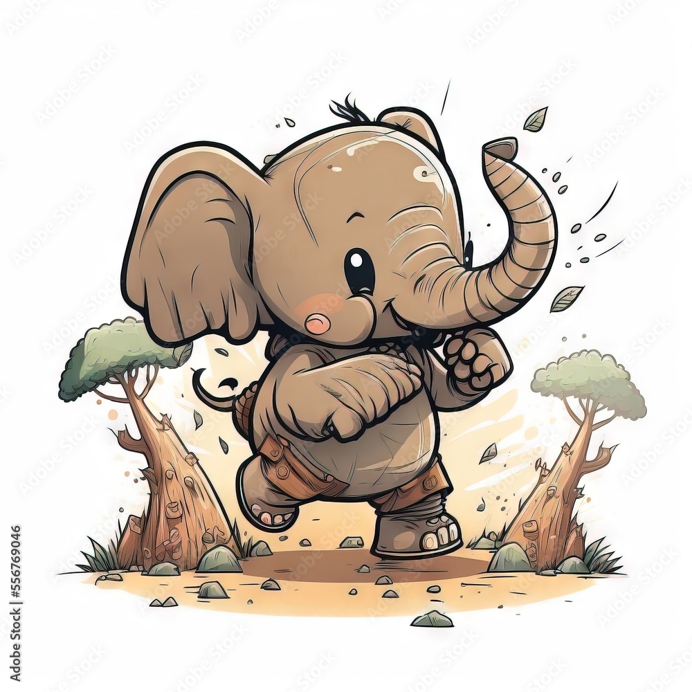 Poster a cartoon elephant with a backpack on its back walking through a field of trees and rocks. generativ