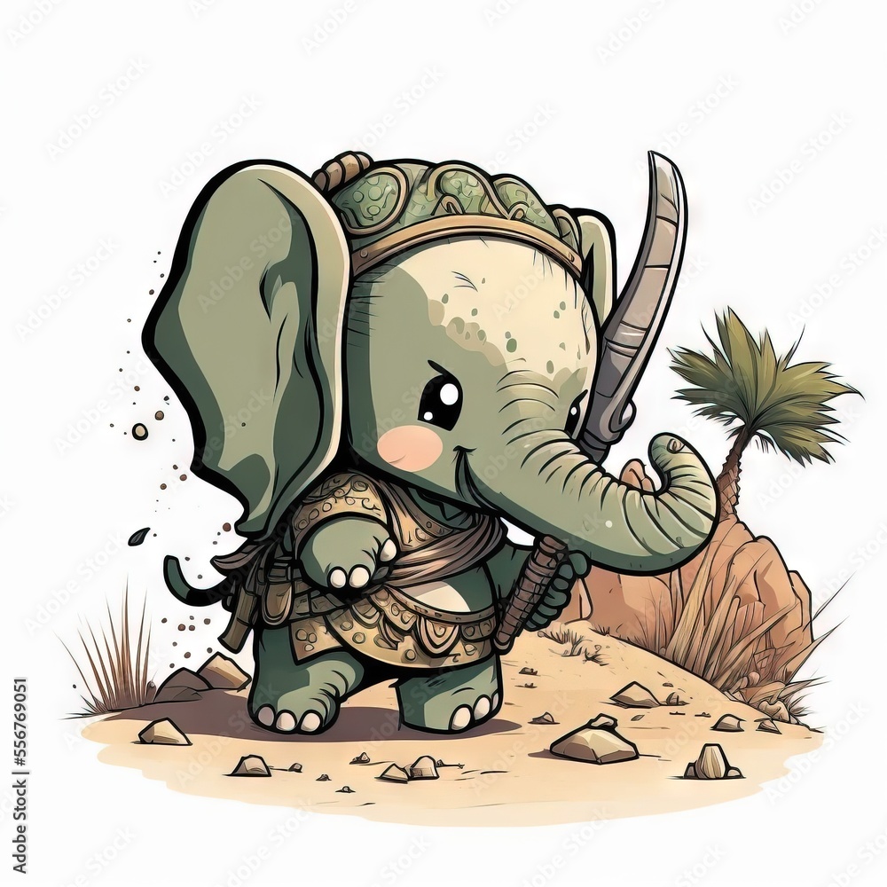 Poster a cartoon elephant with a sword and a helmet on its head is standing in the desert with a palm tree.
