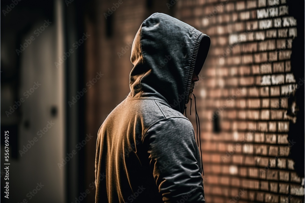 Poster a man in a hooded jacket standing in front of a wall of words on it's side. generative ai