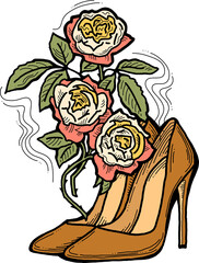 Beautiful decorative composition. High heels shoes decorated with rose flowers. Wedding style invitation, fashion poster, postcard print, shoe shop logo design, shopping sale promotion. Hand drawing.