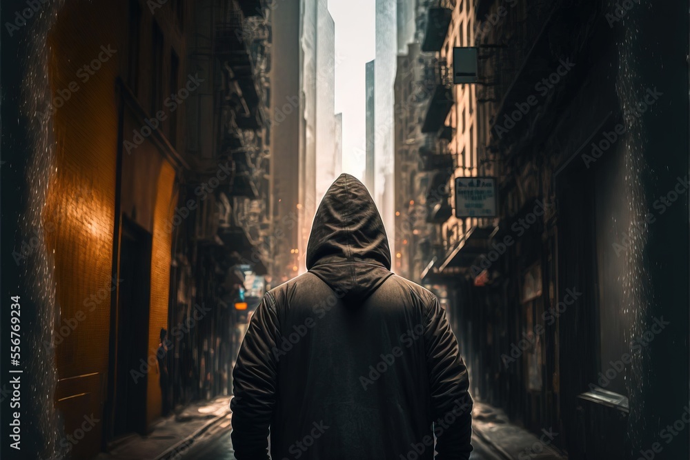 Poster a man in a hoodie walking down a narrow alleyway, surrounded by buildings on either side he appears 