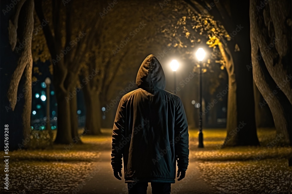 Poster a man in a hooded jacket walking down a path at night with a street light in the background and tree