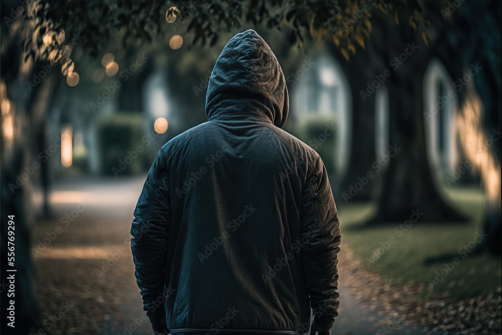 Poster a person walking down a path in a park at night with a hood on and trees lining the walkway. generat
