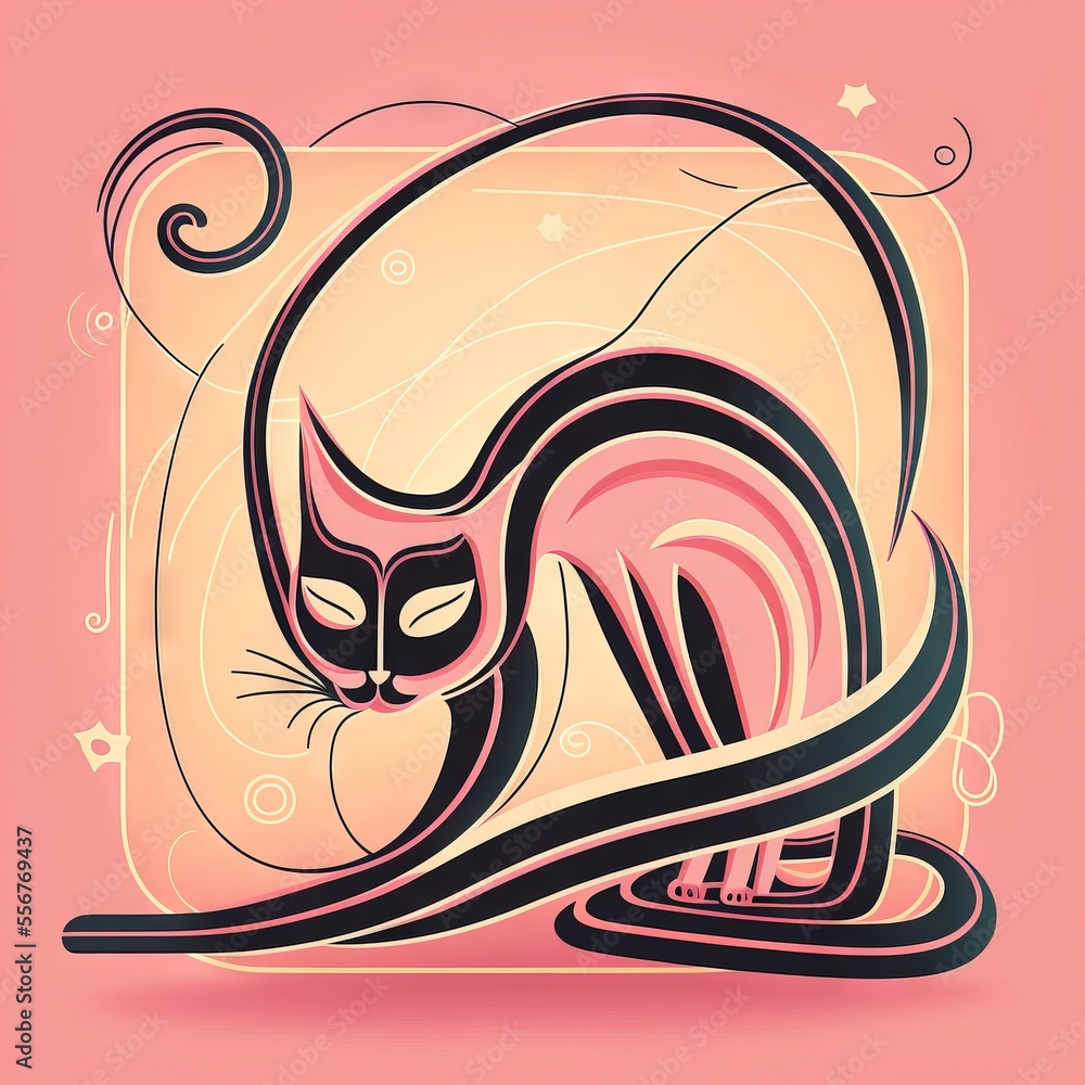 Poster a cat with a long tail sitting on a pink background with swirls and stars around it. generative ai