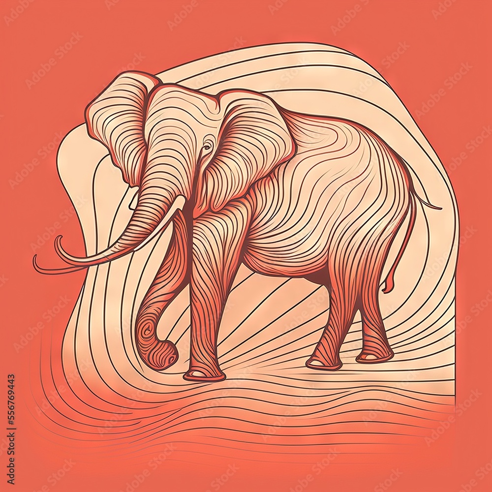 Aufkleber an elephant with a long trunk and tusks is standing in a circle with a red background and a pink bac