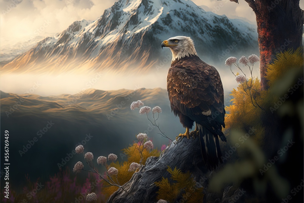 Poster  a painting of a bald eagle perched on a tree branch with a mountain in the background and clouds in the sky. Generative AI