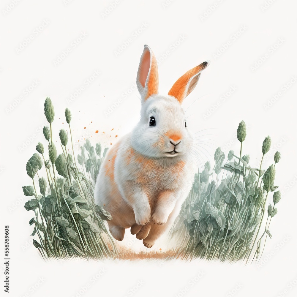 Poster a rabbit running through a field of grass and flowers with a white background and a white background