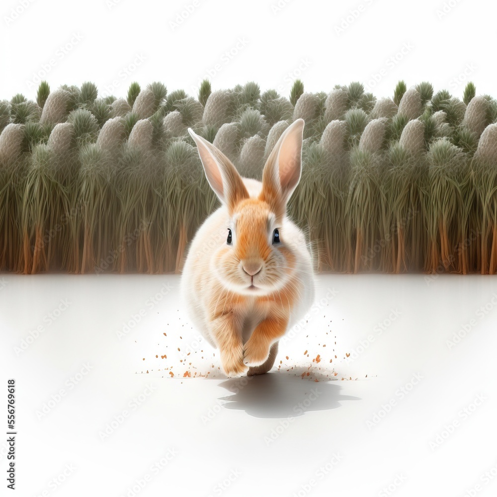 Poster a rabbit running through a field of grass with a white background and a white background with a brow