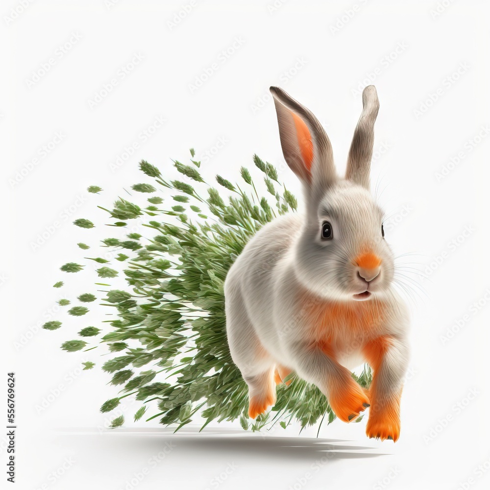 Poster a rabbit is running with grass in its mouth and ears. generative ai