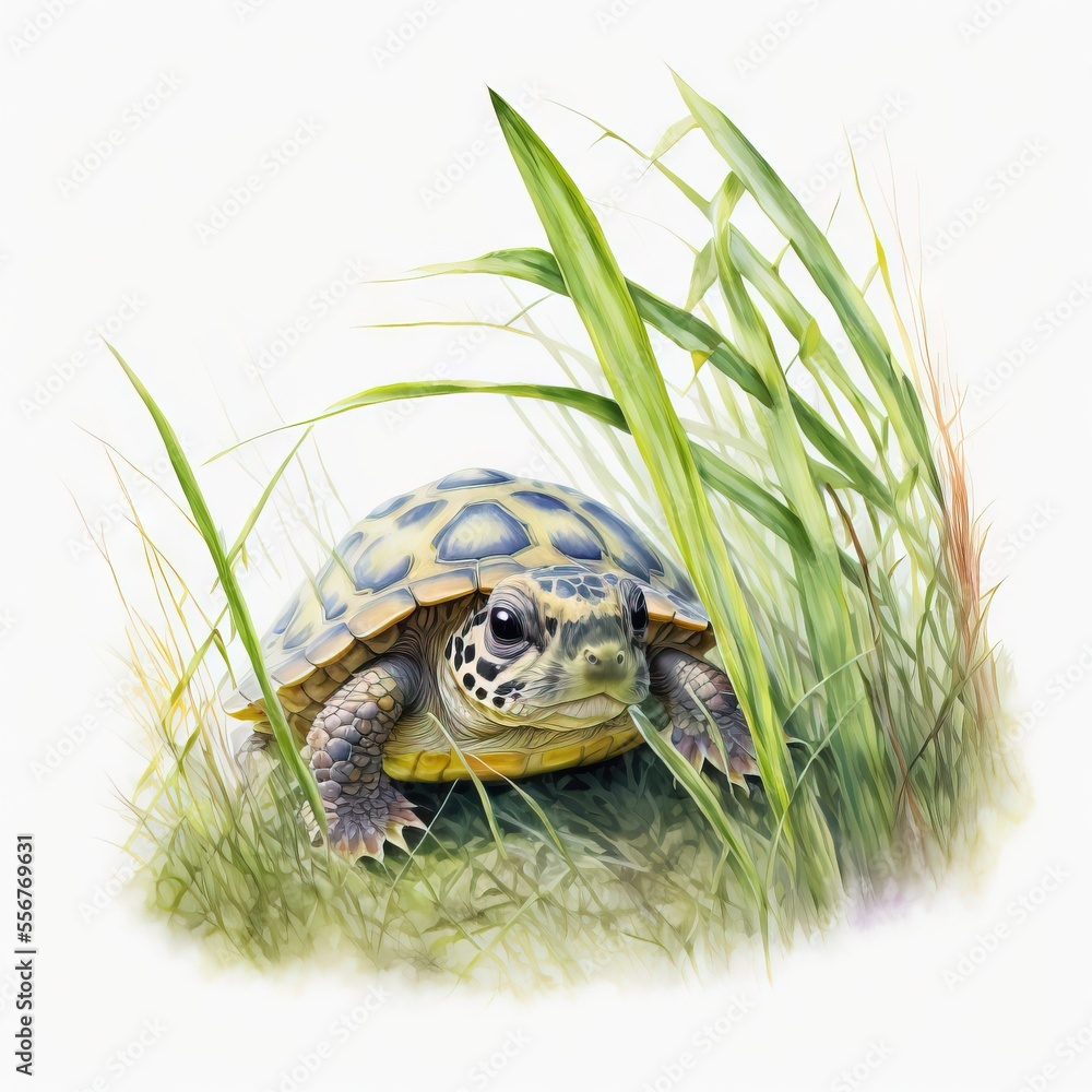 Poster a turtle is sitting in the grass and looking at the camera with a white background behind it and a g