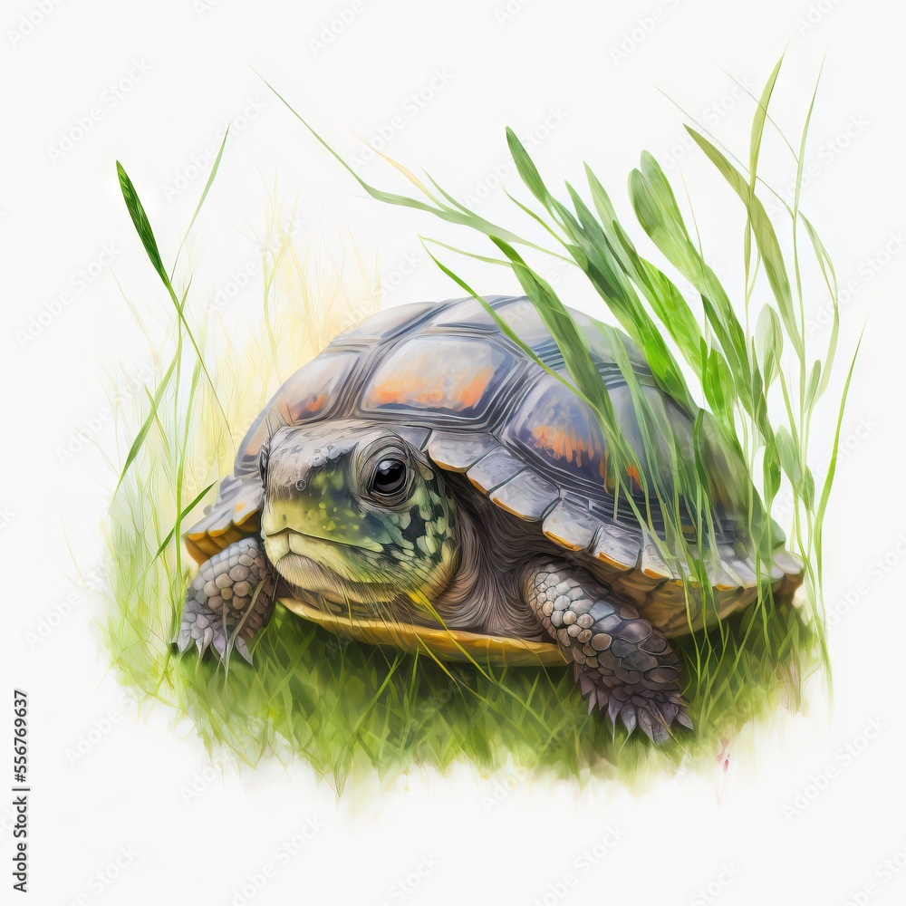 Poster a turtle is sitting in the grass and looking at the camera with a smile on its face and head. genera