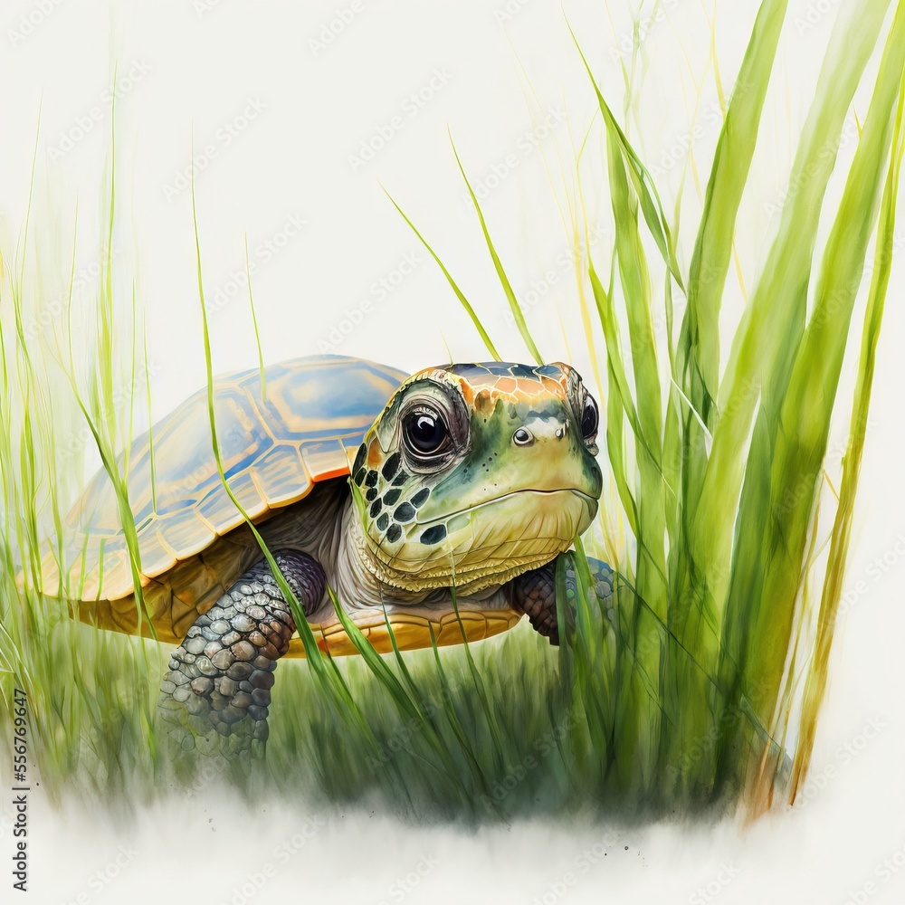 Poster a painting of a turtle in the grass with its head above the grass to the side of the turtle. generat