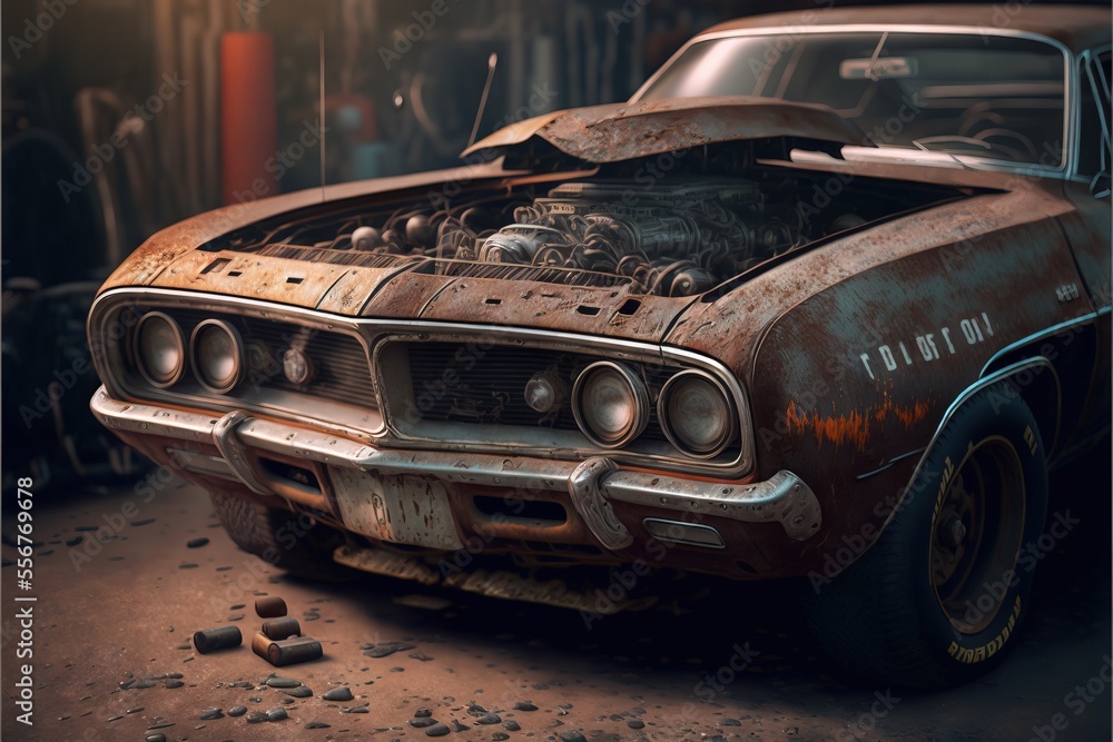 Aufkleber an old rusty car in a garage with its hood open, surrounded by various objects on the ground the bac