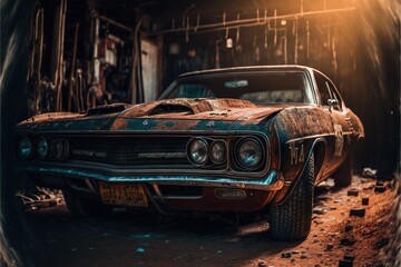  a rusted out car in a garage with a light shining on it's hood and the front end of the car. Generative AI - obrazy, fototapety, plakaty