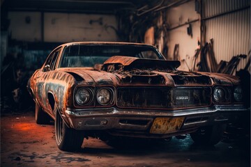  a rusted out car in a garage with a lot of junk on the floor and a broken hood. Generative AI - obrazy, fototapety, plakaty