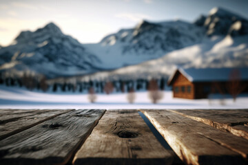 Empty wooden table on a blurry background of snowy landscape - obrazy, fototapety, plakaty