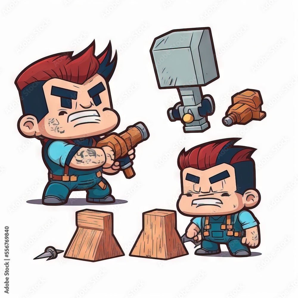 Poster a cartoon of a man with a hammer and a hammer and a hammer and a hammer and a hammer. generative ai