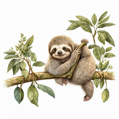  a sloth is sitting on a branch with leaves on it's back and its paws on the branch. Generative AI