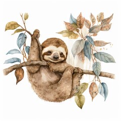  a watercolor painting of a sloth hanging on a branch with leaves and branches around it. generative ai - obrazy, fototapety, plakaty