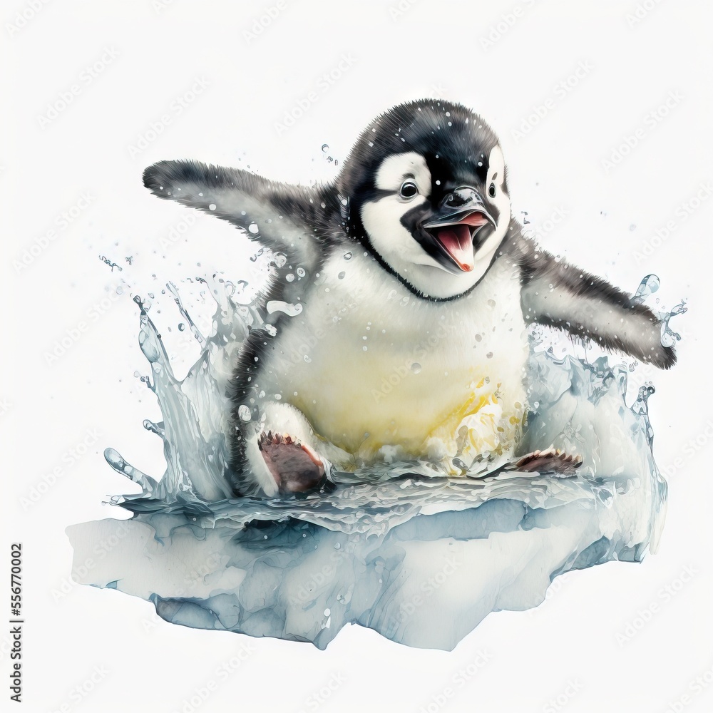 Poster a penguin is splashing water on the ice and it's head is up and it's eyes are open. generative ai