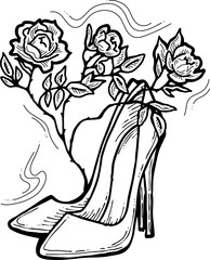 Beautiful decorative composition. High heels shoes decorated with rose flowers. Wedding style invitation, fashion poster, postcard print, shoe shop logo design, shopping sale promotion. Hand drawing.