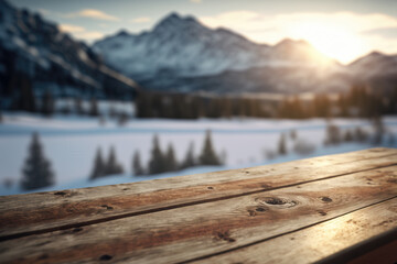 Empty wooden table on a blurry background of snowy landscape