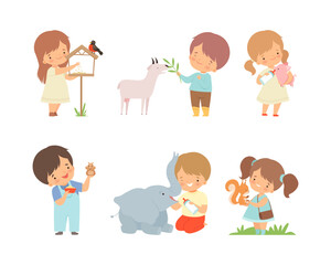 Set of cute kids feeding baby animals. Little boys and girls caring of bullfinch, goat, piglet, hamster, elephant, squirrel cartoon vector illustration
