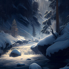 Snowy landscape with mountains and river, generative ai