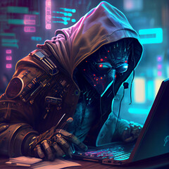 Computer hacker from future, futuristic fision of computer hacking, generative ai
