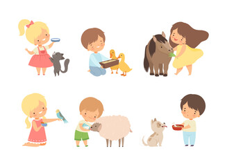 Set of cute kids feeding baby animals. Little boys and girls caring of kitten, gosling, foal, parrot, sheep, lamb cartoon vector illustration