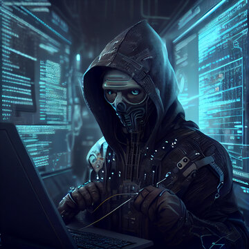 Computer hacker from future, futuristic fision of computer hacking, generative ai
