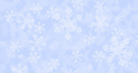 Gentle soft fluffy magical blue snowflakes on a light wallpaper. Winter background template design.
