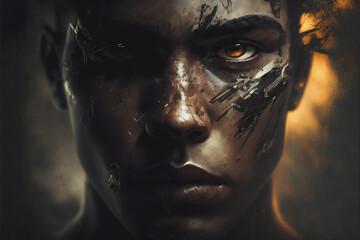 Handsome man with intense features and battle paint. Created with generative AI.