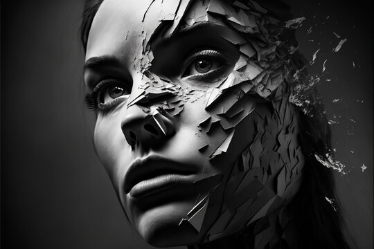 Abstract image of a pretty woman with her face breaking up and fallin away in pieces. Waking up from a dream. Created with generative AI.