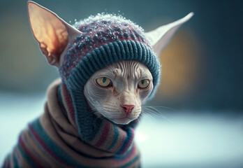 Hairless sphynx cat bundled up in a sweater and scarf in cold winter snow storm. Created with generative AI.